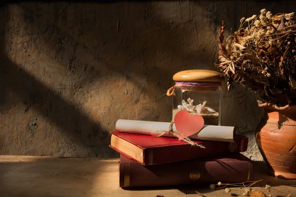 Old book,shell and dried roses — Stock Photo, Image