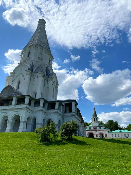 Church of the Ascension of the Lord in Kolomenskoye against the blue sky. The church is considered to be the first stone tent church on the territory of modern Russia.