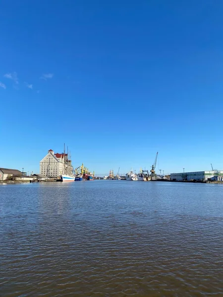 Rússia Kaliningrado Guindastes Elevação Porto Comercial Navio Cais — Fotografia de Stock