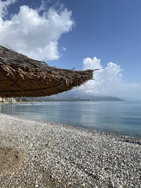 Thatched Roof Canopy Backdrop Beach Blue Sea Summer Rest Thatched — Stock Photo, Image