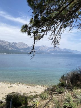Türkiye 'nin Kemer kentinin panoramik manzarası. Yükseklerden Akdeniz kıyısındaki çam ağaçlarına bak. Türkiye 'nin Kemer kentindeki Chalysh Dağı