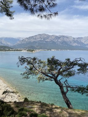 Türkiye 'nin Kemer kentinin panoramik manzarası. Yükseklerden Akdeniz kıyısındaki çam ağaçlarına bak. Türkiye 'nin Kemer kentindeki Chalysh Dağı