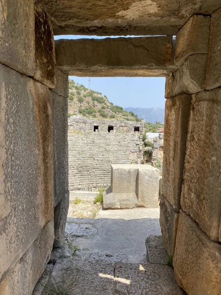 Pietra Storica Affronta Bassorilievo Teatro Antico Myra Città Antica Tombe — Foto Stock