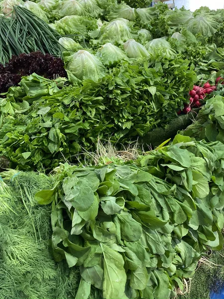 Sayuran Hijau Dan Lobak Merah Kecil Ditemukan Kios Pasar Salad — Stok Foto