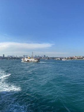 İstanbul, Türkiye - İstanbul Boğazı 'ndan geçen bir feribot. İstanbul 'un tarihi parçası Türkiye' nin kayıktan İstanbul Boğazı 'nı geçen güzel kıç dalgası ve martıları. Türkiye seyahat kavramı