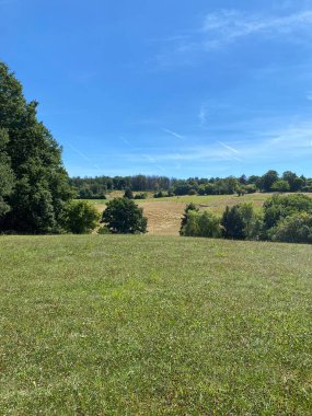 Yazın mavi gökyüzü ve beyaz bulutlarla tepelerdeki yeşil orman manzarası. Görünür şehir binaları, Batı Almanya 'da çekilmiş fotoğraflar..