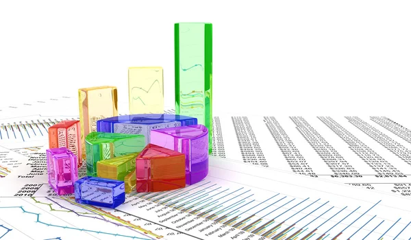 Bar i wykres kołowy na dokumenty — Zdjęcie stockowe