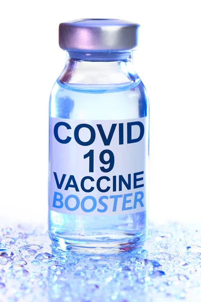 带有Covid 19疫苗助推器文字的疫苗瓶 用于注射Coronavirus助推器 — 图库照片