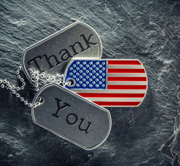 Military Soldier Dog Tags Engraved Thank You Text Shape American — Stock Photo, Image