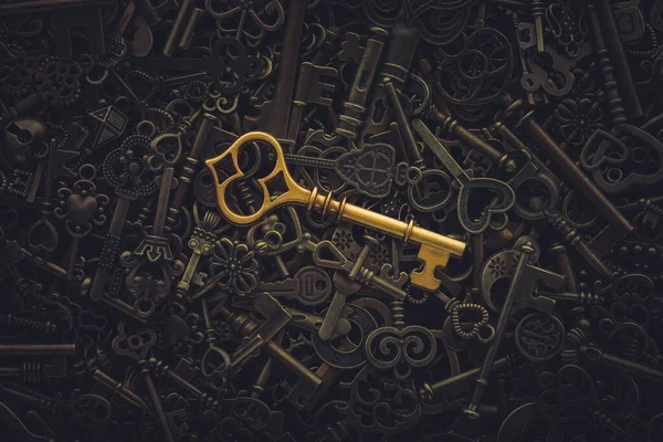 Μοναδικό Χρυσό Κλειδί Σωρό Από Vintage Κλειδιά Σκελετού Έννοια Για — Φωτογραφία Αρχείου