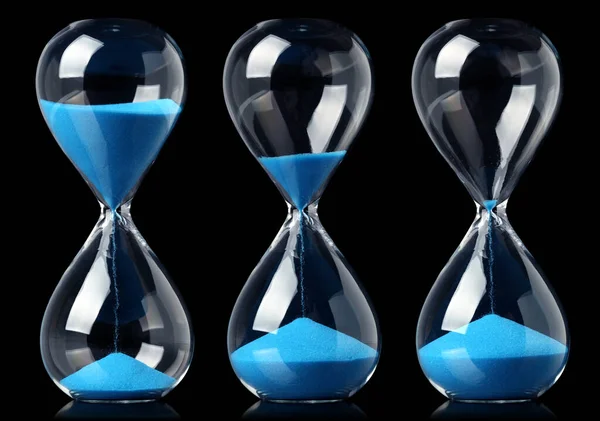 Collection Hourglasses Blue Sand Showing Passage Time — Stock Photo, Image