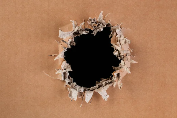 Blank Cardboard Rough Ripped Torn Hole Center Blank Black Space — Stock Photo, Image