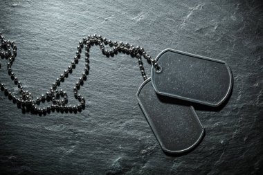 Amerikan askeri künyesi. Sert ve yıpranmış, mesaj için boş yeri var. Anma Günü ya da Gaziler Günü konsepti.