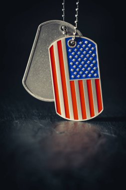 Amerikan askerinin Amerikan bayrağı şeklinde künyesi. Gaziler Günü konsepti için anma günü.