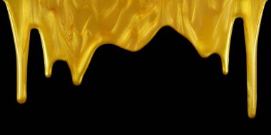 Top border of glittering shiny metallic gold paint flowing and dripping downward. Isolated on black.