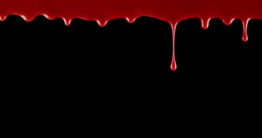 Spooky slow drip of bright red blood pouring over black background.