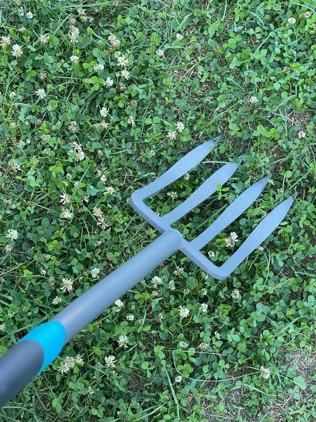 Ijzeren Hark Gereedschap Voor Het Werken Tuin Tuin Hooivork Drietand — Stockfoto