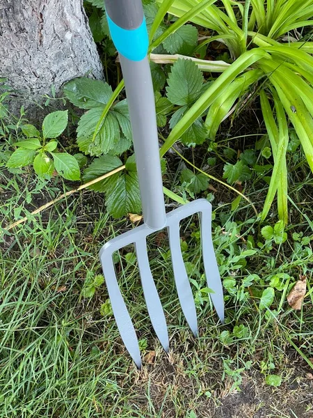 Σιδερένια Τσουγκράνα Εργαλείο Για Εργασία Στον Κήπο Και Στην Τρίαινα — Φωτογραφία Αρχείου