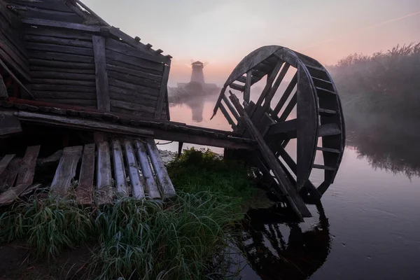 Water Windmill Wooden Mill River Early Morning Dawn Traditional Russian — Stock Photo, Image