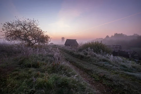 Traditionele Russische Landelijke Dorp Met Houten Windmolen Herfst Mist Met — Stockfoto