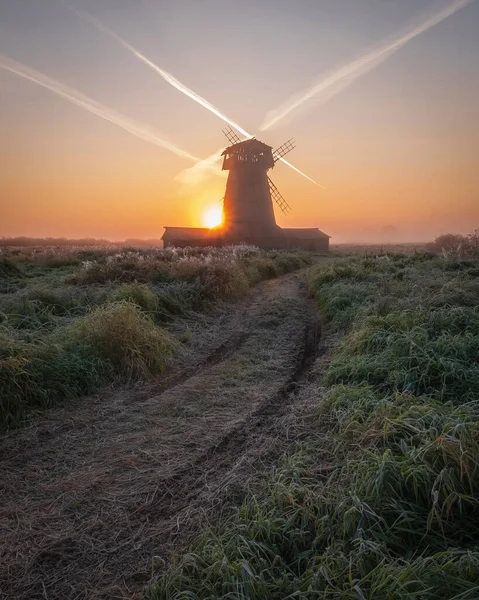 Wooden Windmill Countryside Dawn Autumn Morning First Frost — Stock Photo, Image