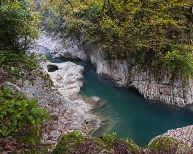 Navalishchenskoe vadisi, Bolshaya Khosta nehri kanyonu, Sochi Krasnodar bölgesi, sonbahar ormanlarında beyaz kayalar ve turkuaz su