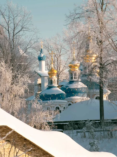 Kultaiset Kupolit Kirkon Kellotapuli Pyhän Dormition Pskovo Pechersky Mies Luostari — kuvapankkivalokuva