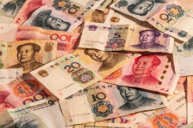 Çinli Renminbi RMB 'nin bir kompozisyonu. Halk Para Birimi. Yuan CNY banknotları, konuların iş, bankacılık, medya, vb olarak resmedilmesi için büyük seçenekler sunmaktadır.