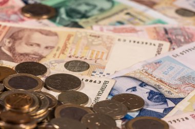 Konuları iş, bankacılık, medya vs. olarak resmetmek için büyük seçenekler sunan Bulgar lev banknotları ve sikkelerinin bir bileşimi.