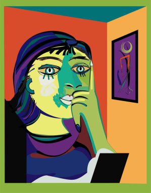Renkli soyut arka plan, Picasso 'dan esinlenilmiş, düşünen kadın.