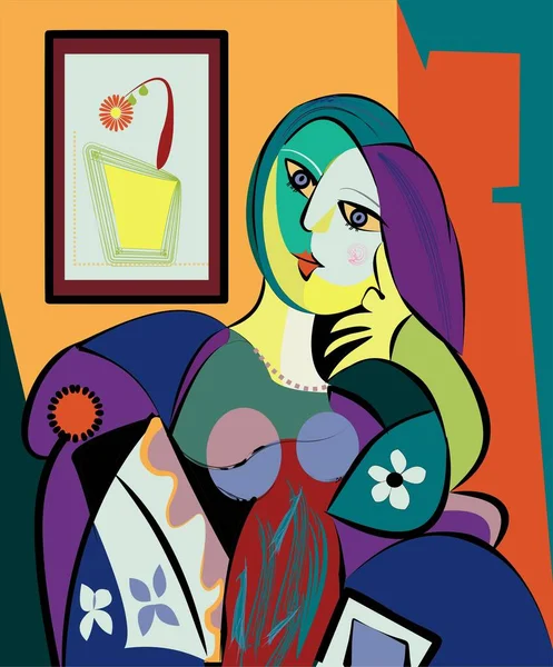 Fondo Abstracto Colorido Estilo Arte Del Cubismo Retrato Mujer Sentada — Vector de stock