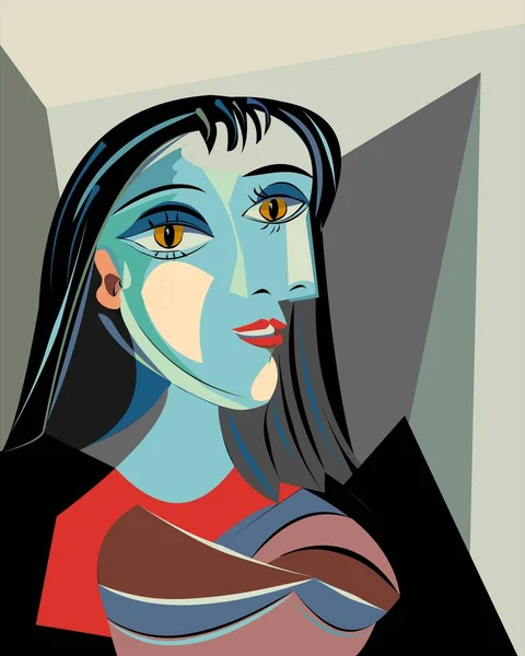 Renkli soyut arka plan, kübizm sanat tarzı, siyah saçlı kadın.