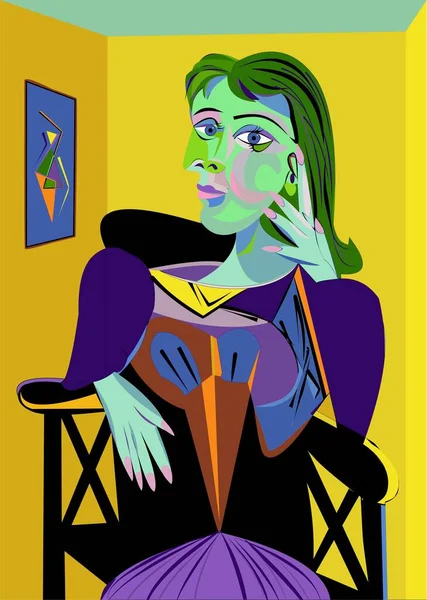 Renkli soyut arka plan, kübizm sanat tarzı, sandalyede oturan kadın.