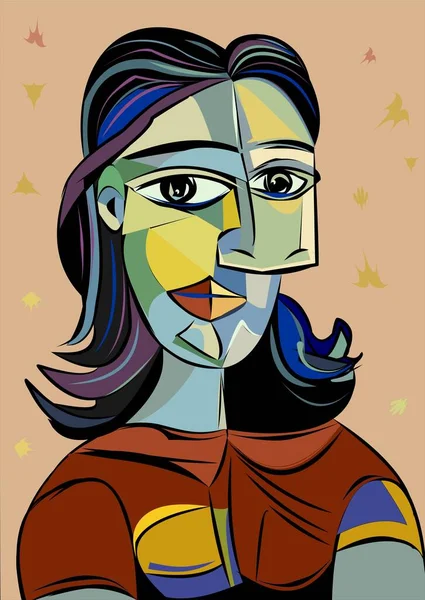 Renkli soyut arka plan, kübizm sanat tarzı, kırmızı bluzlu kadın.