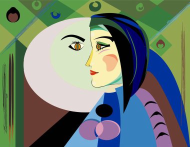 Renkli soyut arkaplan, kübizm sanat tarzı, kadın profili 19-13