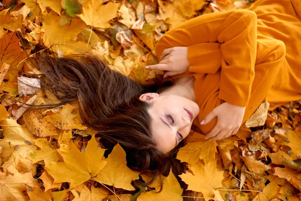 女孩躺在落下来的黄叶上 落在柏树或森林里 秋天的头发护理概念 浅水区深度 — 图库照片