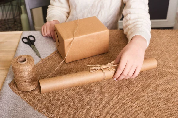 Woman Hands Hold Finish Decorating Present Eco Gift Wrapping Table — Stock Photo, Image