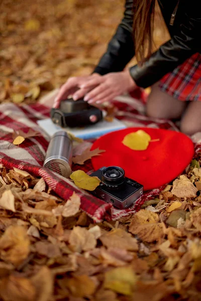 Woman Fall Picnic Blanket Book Old Retro Camera Ground Autumn — Fotografia de Stock