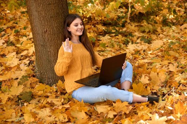 Happy Female Student Learning Online Laptop Computer Autumn Park Young — Fotografia de Stock