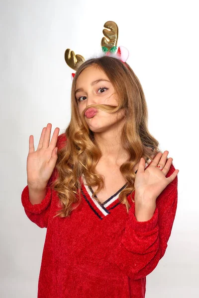 Cheerful Girl Santa Reindeer Ears Antlers Makes Mustache Strand Hair — Stock Photo, Image