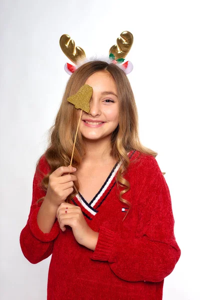 Alegre Chica Navidad Usar Celebración Oro Jingle Campana Palo Las —  Fotos de Stock