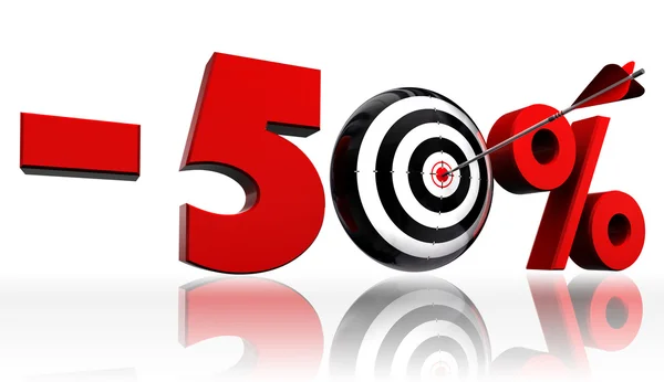 Fifty per cent 50% red discount symbol with conceptual target — Stock Photo, Image