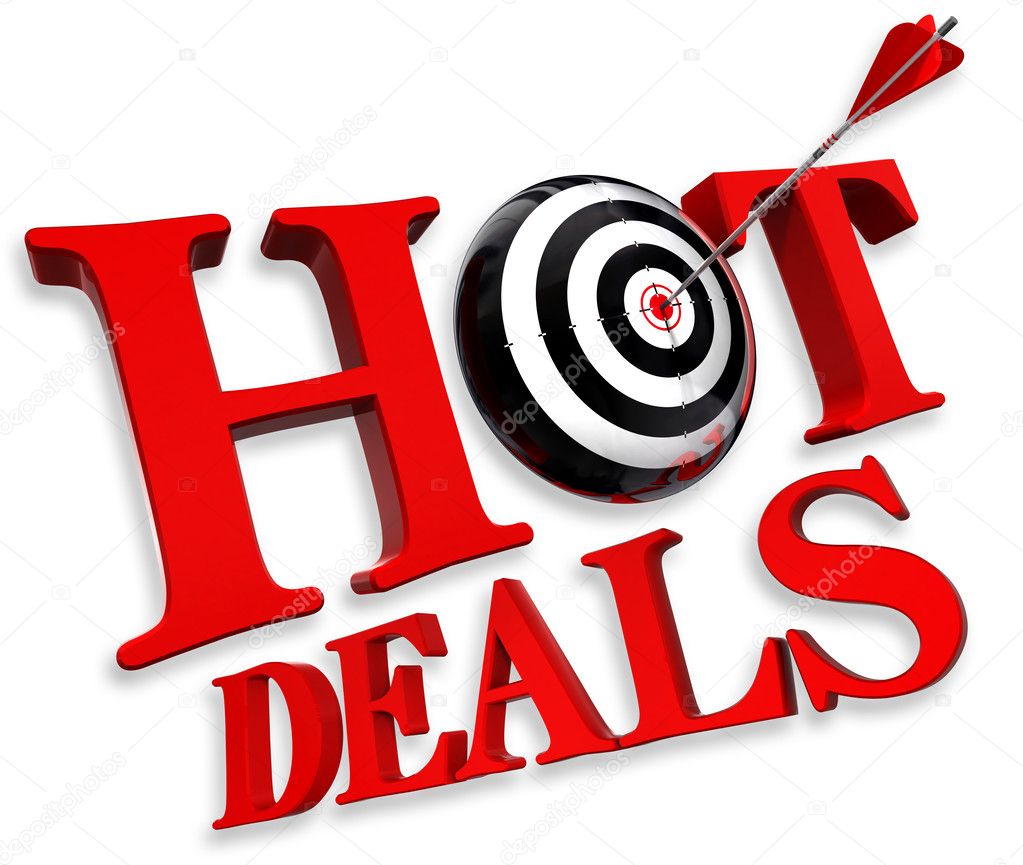 Hot deals red logo with conceptual target and arrow on white background