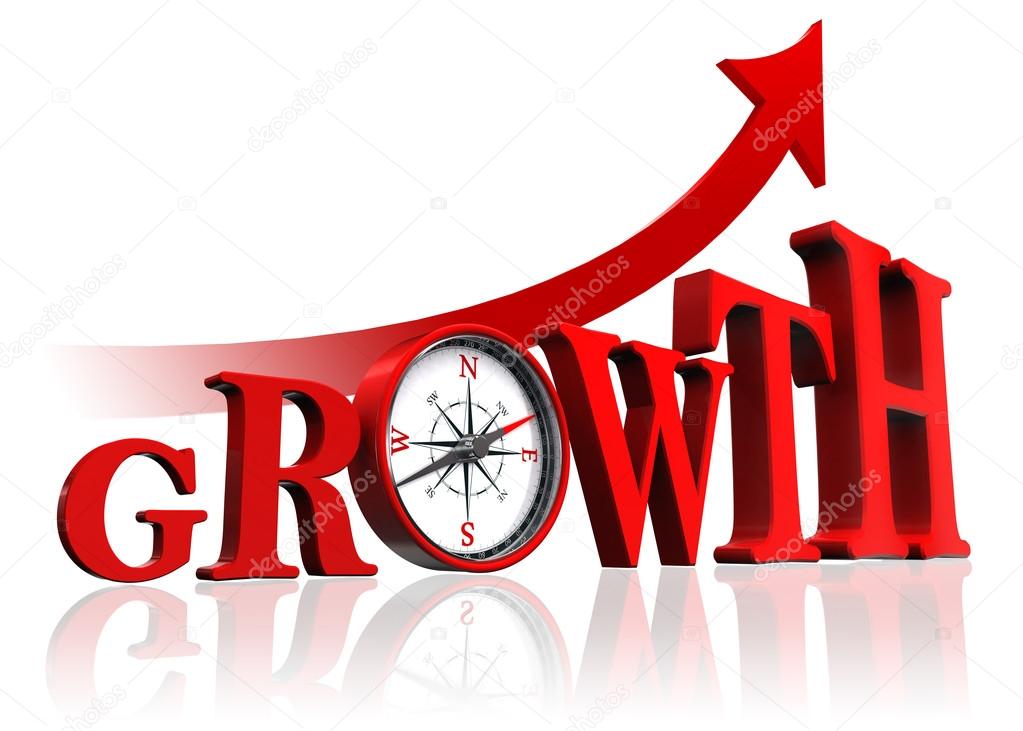 growth red word with compass and arrow