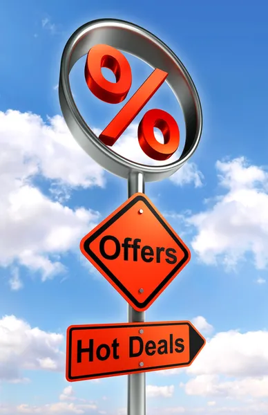 Offers road sign with discount symbol — Stock Photo, Image