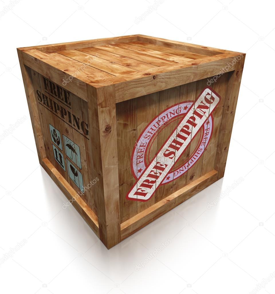 wooden box crate with free shipping sign