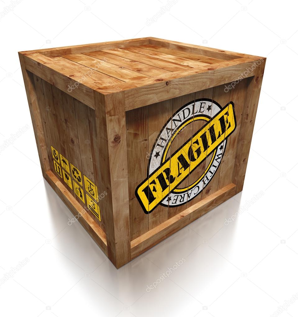 wooden box crate with grunge fragile symbol