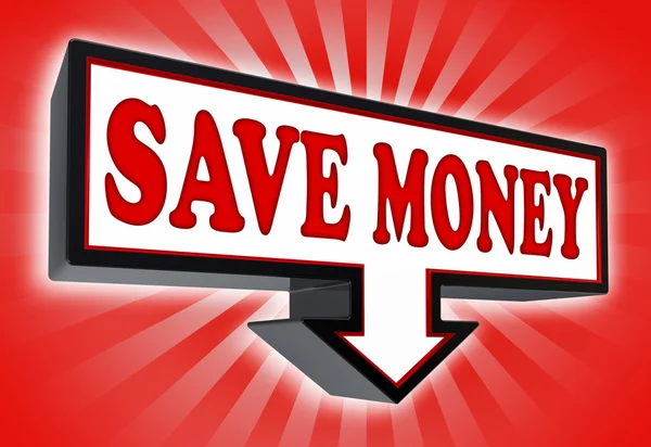 Risparmiare denaro freccia rossa e nera segno su sfondo rosso a strisce — Foto Stock