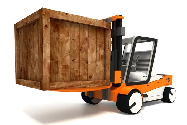 Fork lifter transporting wooden crate — Stock Photo, Image