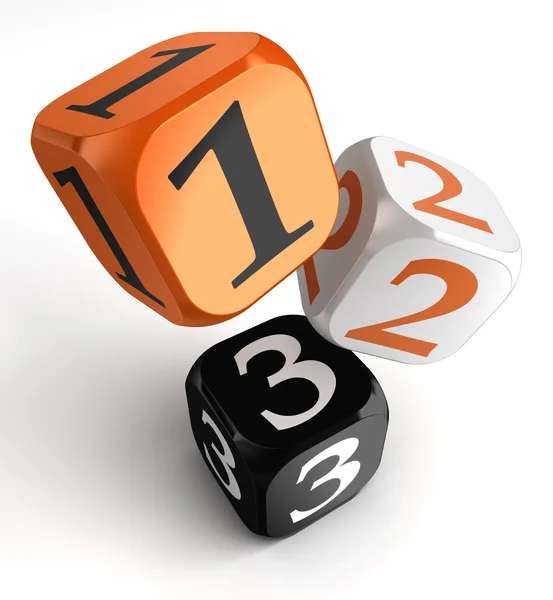 One, two and three numbers on orange black dice blocks — Stock Photo, Image